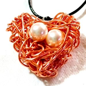 Handmade nest dragon bird copper wired heart statement pearl eggs necklace